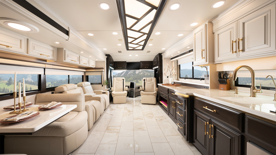 Cornerstone 45V Front Interior with Auburn Cabinetry with Dove Uppers, Bianco Fabric Package and Onyx White Polished Floor Tile