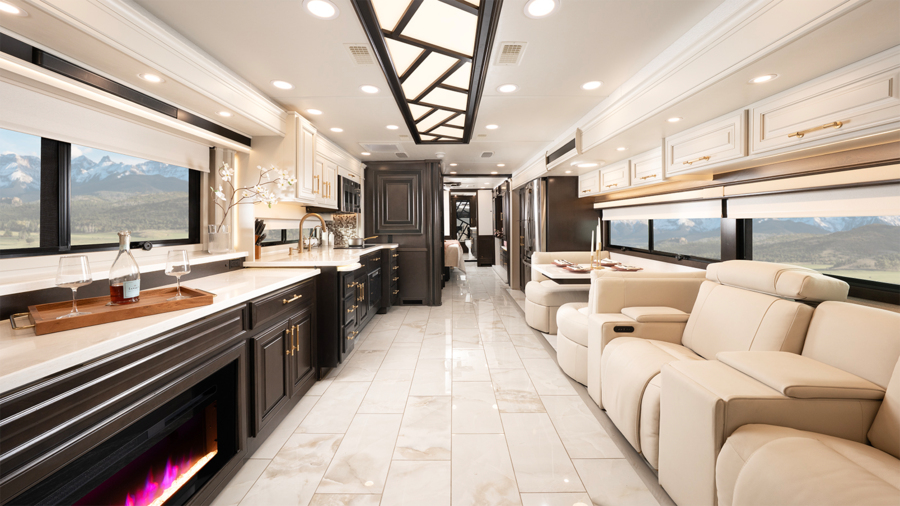 Cornerstone 45V Rear Interior with Auburn Cabinetry with Dove Uppers, Bianco Fabric Package and Onyx White Polished Floor Tile